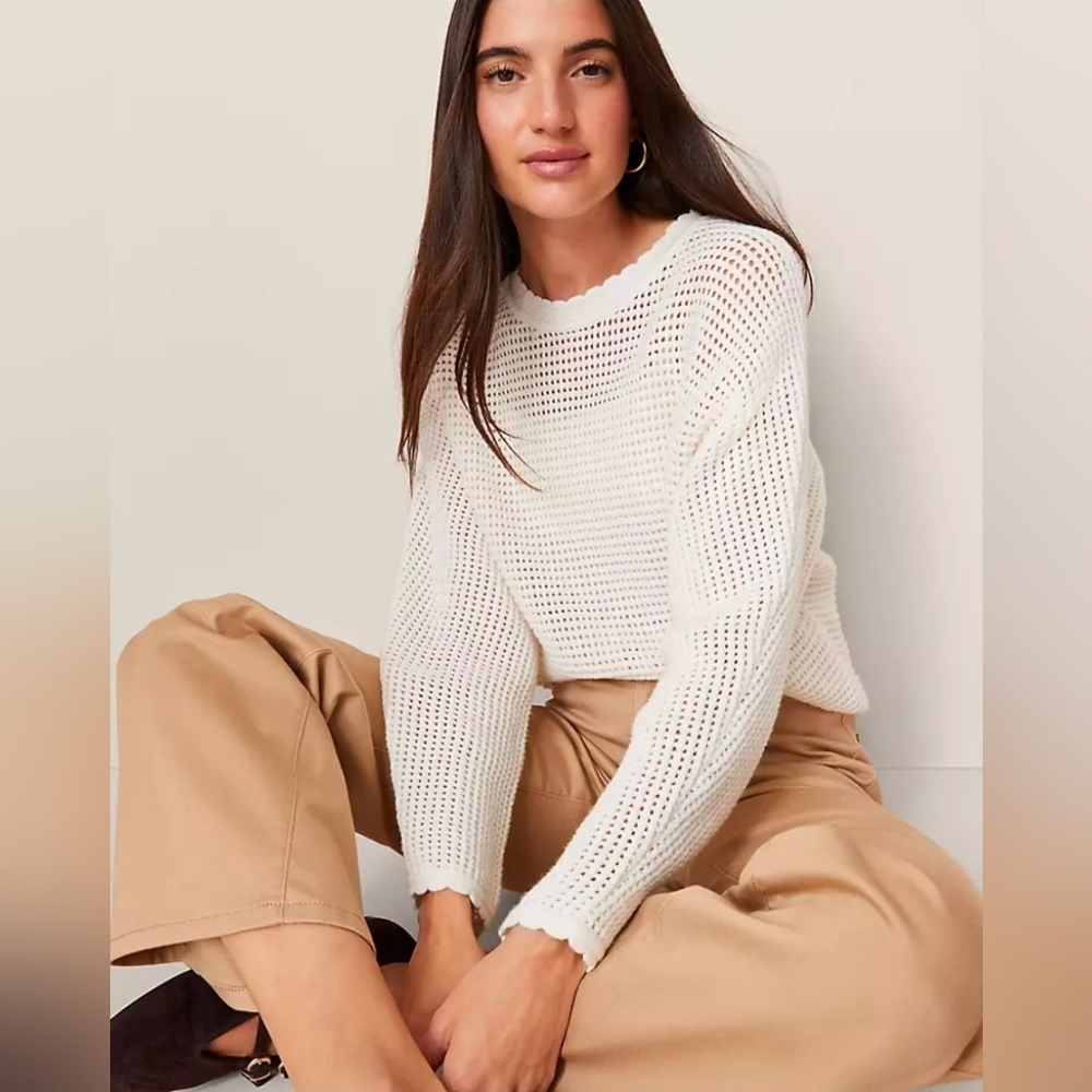 Vince Cream Open-Knit Scallop-Edge Sweater